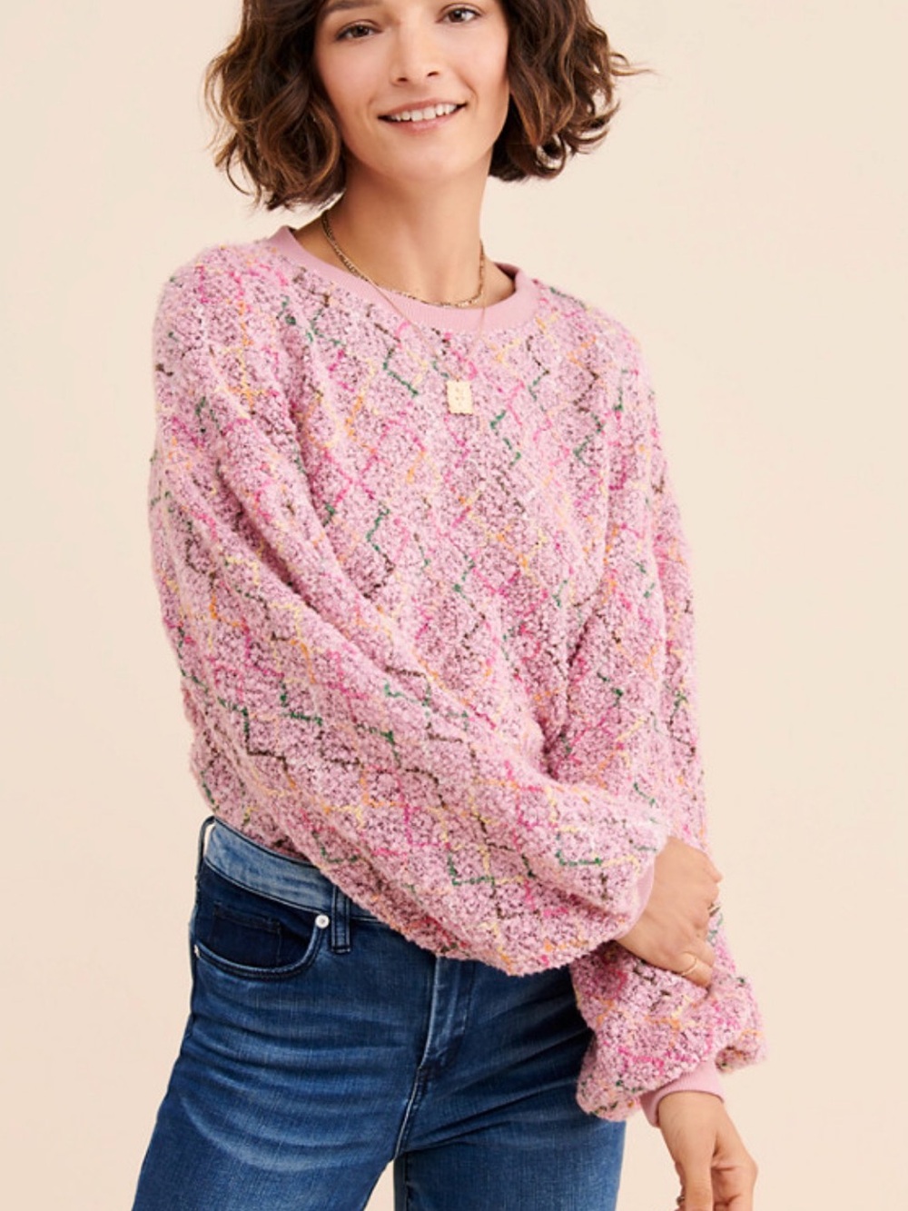 J.O.A. Pink Bouclé Diamond-Pattern Crewneck Sweater
